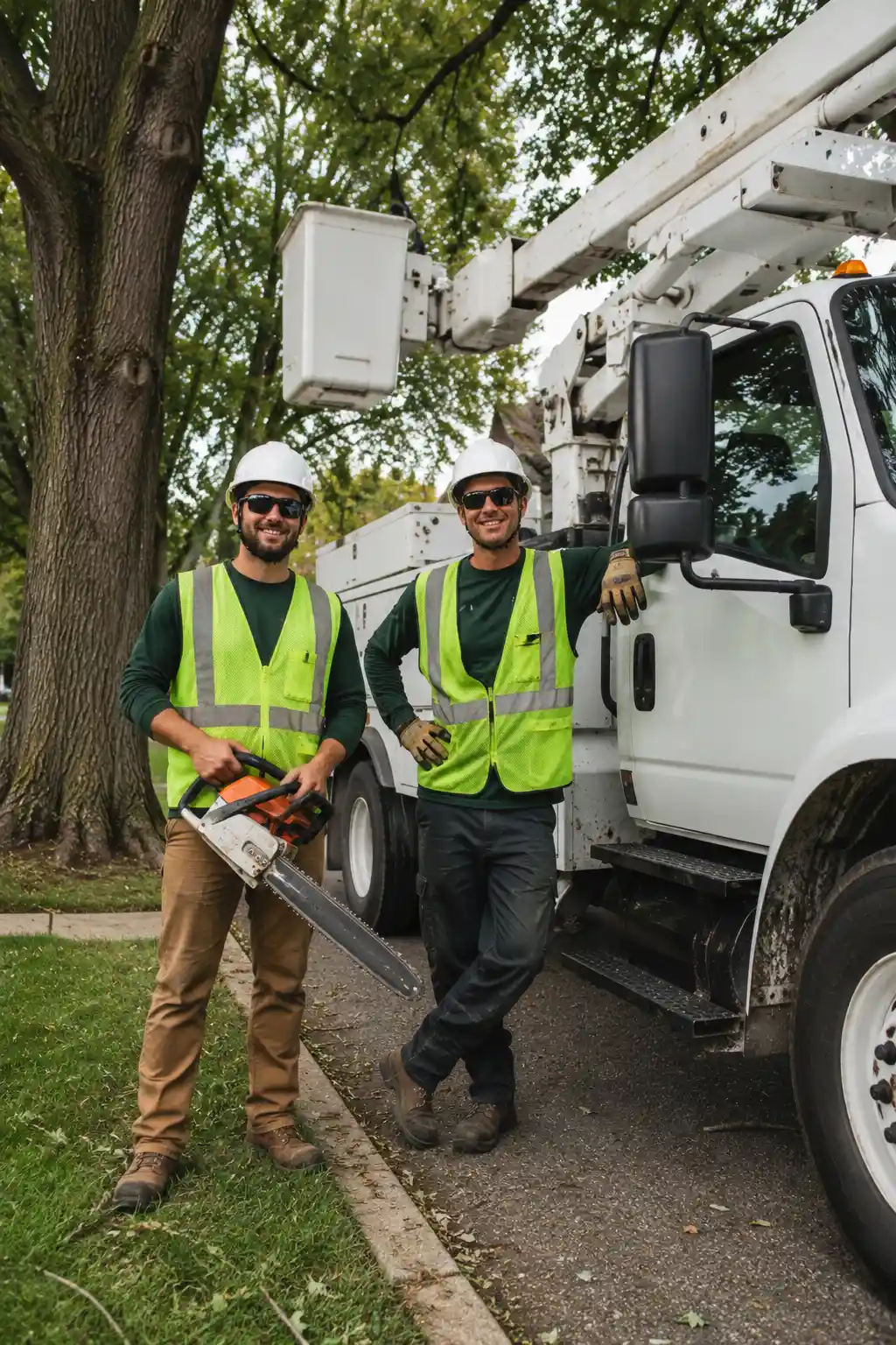 Nature Wise tree service crew in safety gear standing beside their bucket truck in Buffalo