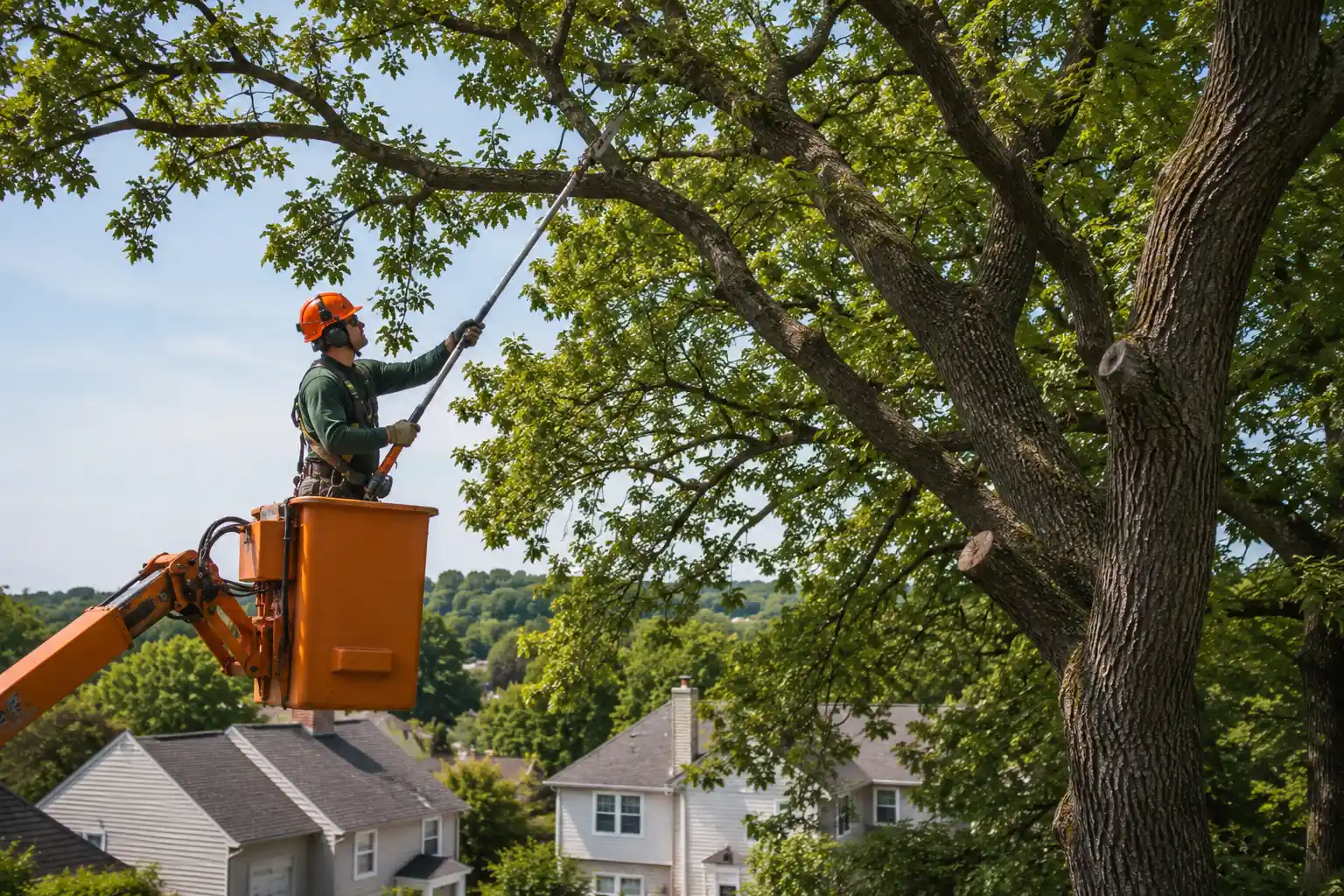 Arborist in a bucket lift pruning the upper branches of a tall oak tree