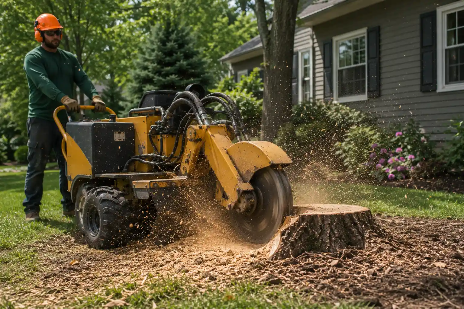 Stump grinding machine removing a tree stump from a front yard