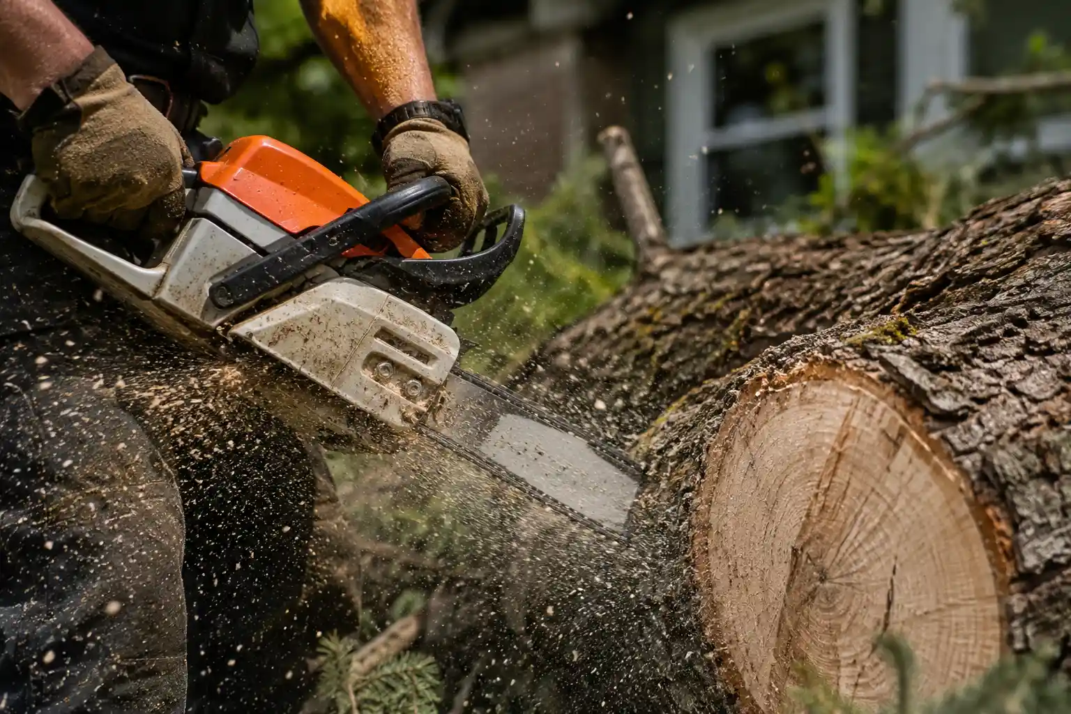 Close-up of a chainsaw cutting through a tree trunk during a tree removal
