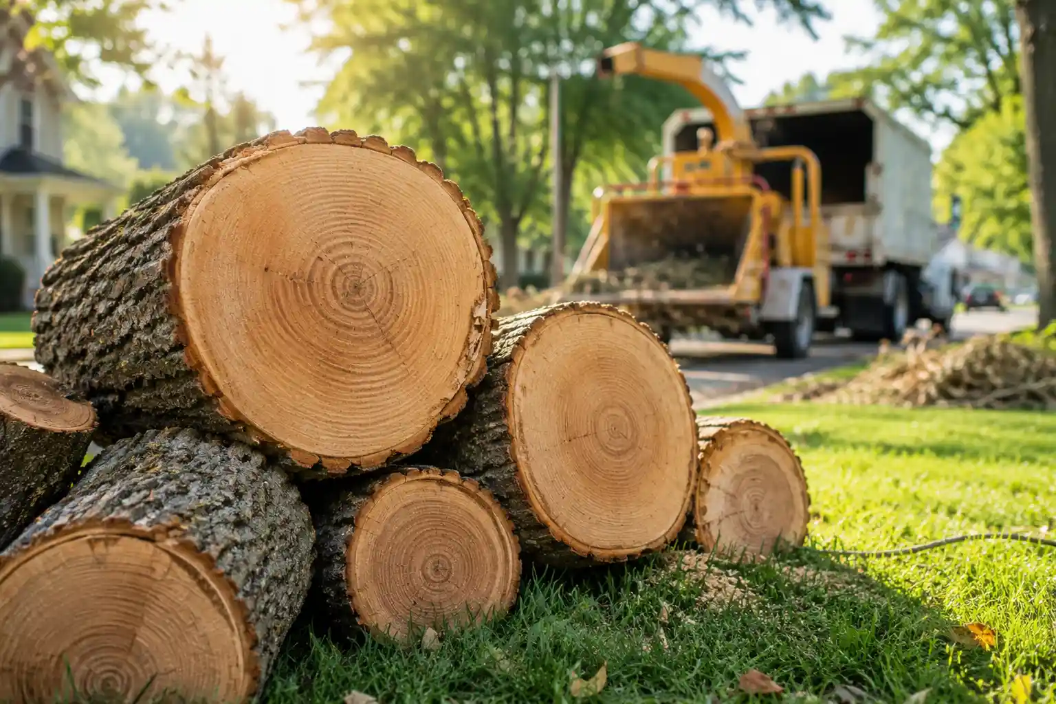 Freshly cut tree trunk sections stacked on a lawn after a tree removal in Western New York