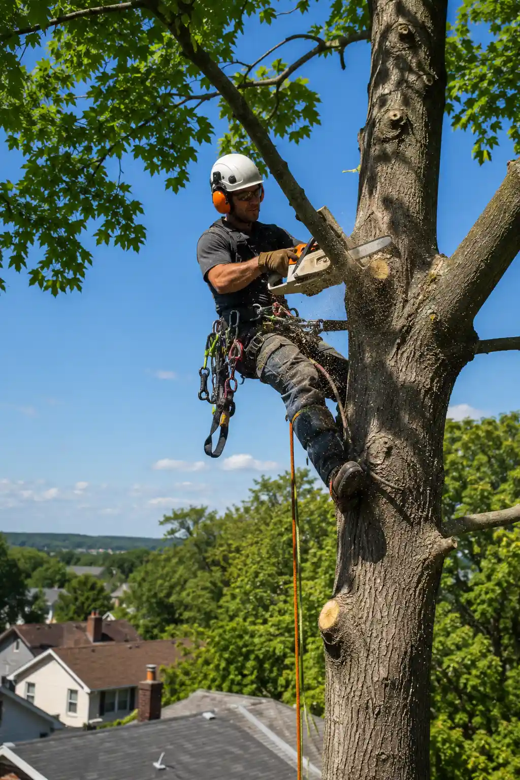 Arborist in safety harness trimming a large tree with a chainsaw in Buffalo, NY