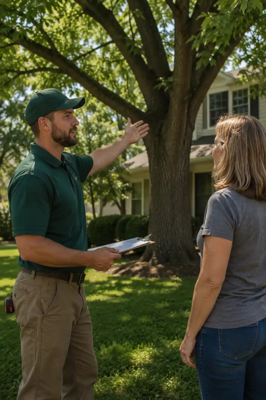 Tree service estimator reviewing a free written estimate with a Buffalo homeowner