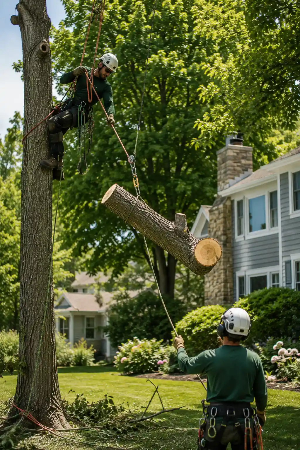 Arborist roping down a cut branch with rigging equipment over a residential yard